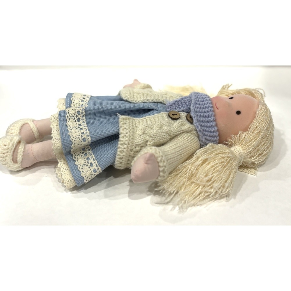 12" Handmade Rag Doll Blonde Pigtails Blue Dress Knit Sweater Plush Toy - Picture 6 of 9